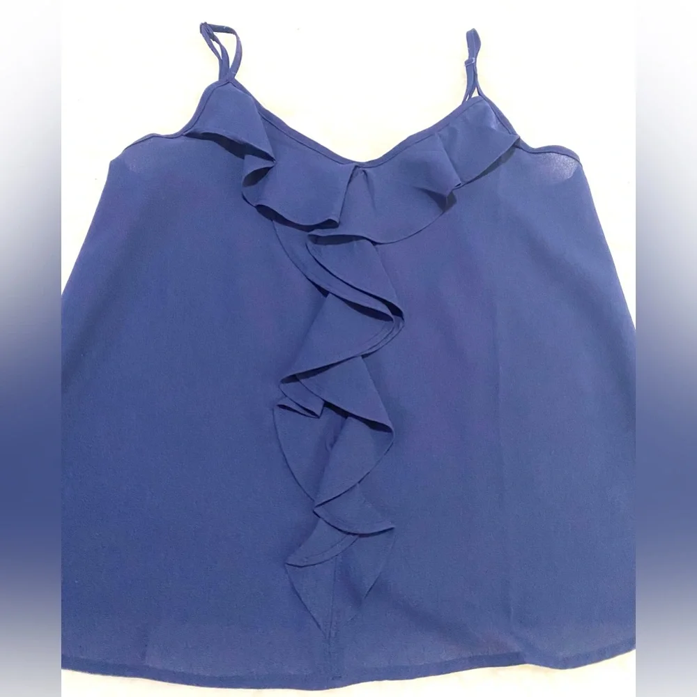 Paper Crane Womens S Solid Navy Blue Sheer Ruffle Cami Top Boho-chic Preppy - Picture 7 of 16